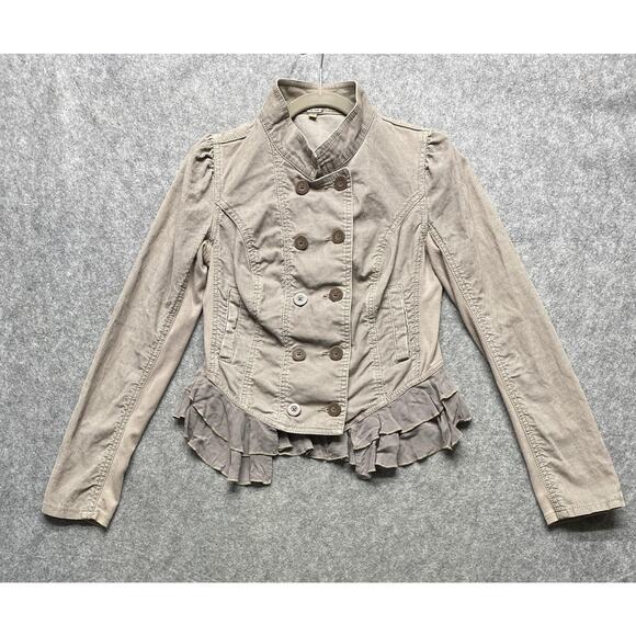 Free People Jacket Womens 4 Taupe Gray Corduroy Ruffle Peplum Romantic Military - Picture 1 of 16